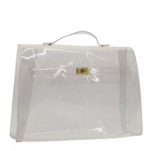 HERMES Vinyl Kelly Hand Bag Vinyl Clear Gold Auth